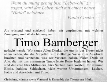 Traueranzeige von Timo Bamberger von Thüringer Allgemeine, Thüringische Landeszeitung