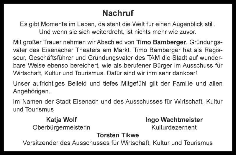  Traueranzeige für Timo Bamberger vom 10.10.2018 aus Thüringer Allgemeine, Thüringische Landeszeitung