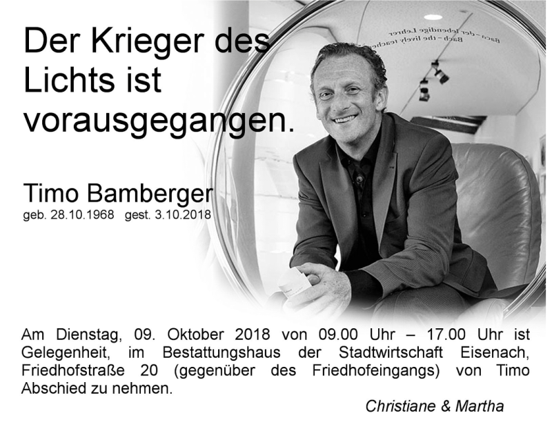  Traueranzeige für Timo Bamberger vom 09.10.2018 aus Thüringer Allgemeine, Thüringische Landeszeitung