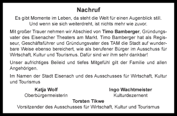 Traueranzeige von Timo Bamberger von Thüringer Allgemeine, Thüringische Landeszeitung