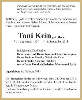 Traueranzeige von Toni Kein von Thüringer Allgemeine, Thüringische Landeszeitung