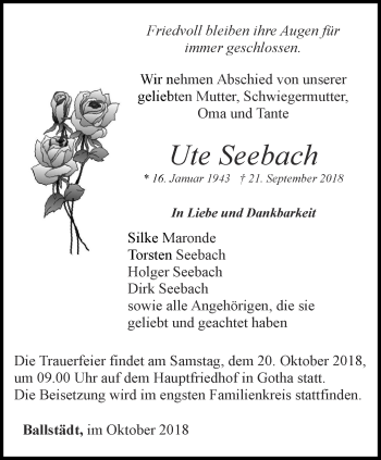 Traueranzeige von Ute Seebach von Ostthüringer Zeitung, Thüringische Landeszeitung