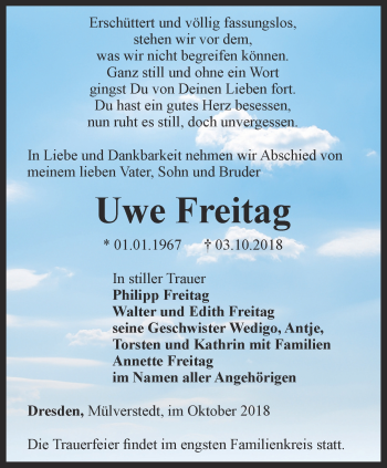 Traueranzeige von Uwe Freitag von Thüringer Allgemeine, Thüringische Landeszeitung