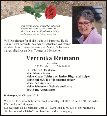 Traueranzeige von Veronika Reimann von Thüringer Allgemeine