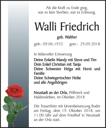 Traueranzeige von Walli Friedrich von Ostthüringer Zeitung