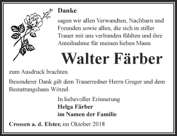 Traueranzeige von Walter Färber von Ostthüringer Zeitung