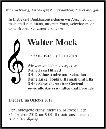 Traueranzeige von Walter Mock von Thüringer Allgemeine, Thüringische Landeszeitung