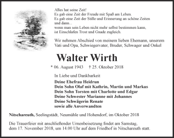 Traueranzeige von Walter Wirth von Ostthüringer Zeitung