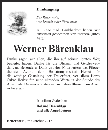 Traueranzeige von Werner Bärenklau von Thüringer Allgemeine, Thüringische Landeszeitung