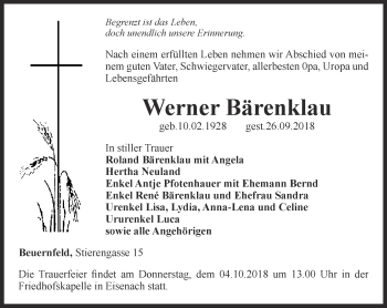Traueranzeige von Werner Bärenklau von Thüringer Allgemeine, Thüringische Landeszeitung