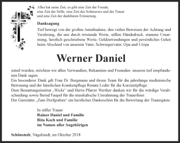 Traueranzeige von Werner Daniel von Thüringer Allgemeine, Thüringische Landeszeitung