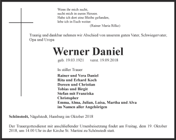 Traueranzeige von Werner Daniel von Thüringer Allgemeine, Thüringische Landeszeitung