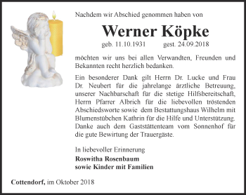 Traueranzeige von Werner Köpke von Thüringer Allgemeine