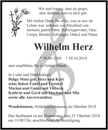 Traueranzeige von Wilhelm Herz von Thüringer Allgemeine, Thüringische Landeszeitung