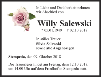 Traueranzeige von Willy Salewski von Thüringer Allgemeine