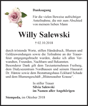 Traueranzeige von Willy Salewski von Thüringer Allgemeine