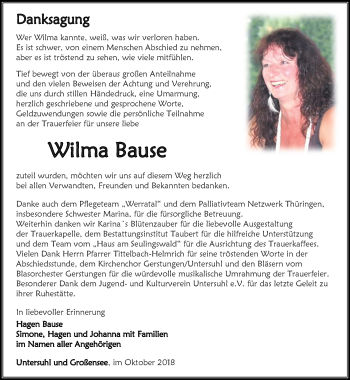 Traueranzeige von Wilma Bause von Thüringer Allgemeine, Thüringische Landeszeitung