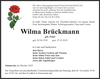 Traueranzeige von Wilma Brückmann von Thüringer Allgemeine