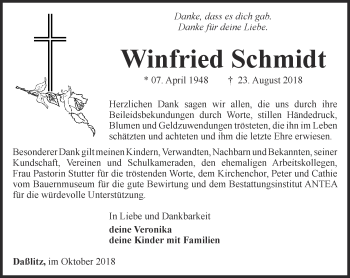 Traueranzeige von Winfried Schmidt von Ostthüringer Zeitung