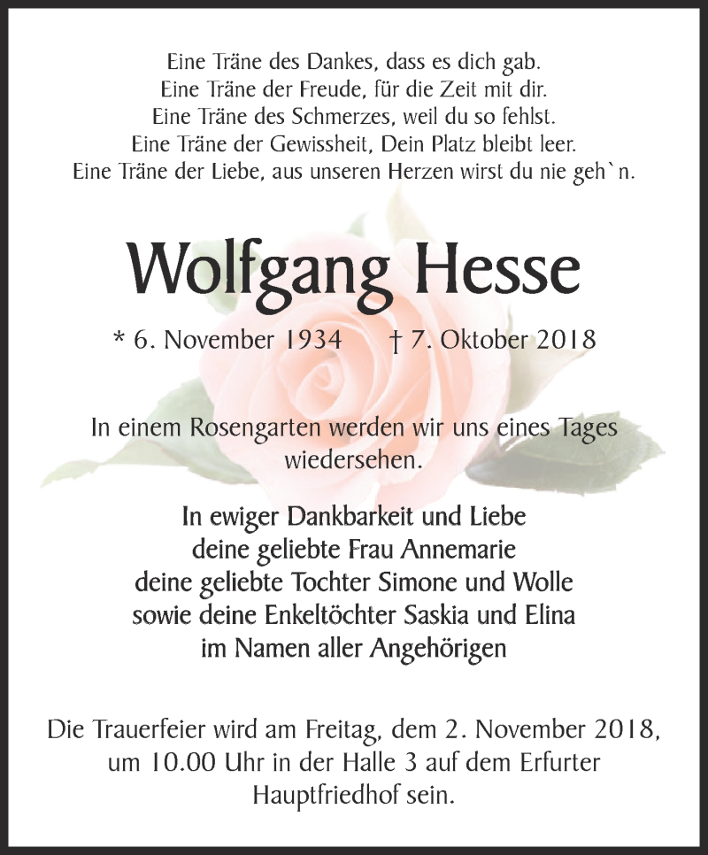  Traueranzeige für Wolfgang Hesse vom 13.10.2018 aus Thüringer Allgemeine, Thüringische Landeszeitung