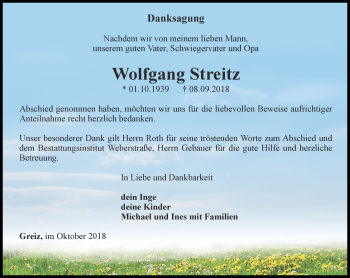 Traueranzeige von Wolfgang Streitz