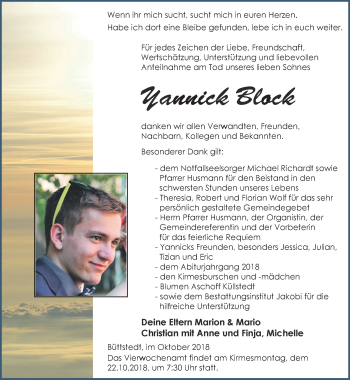 Traueranzeige von Yannick Block von Thüringer Allgemeine, Thüringische Landeszeitung