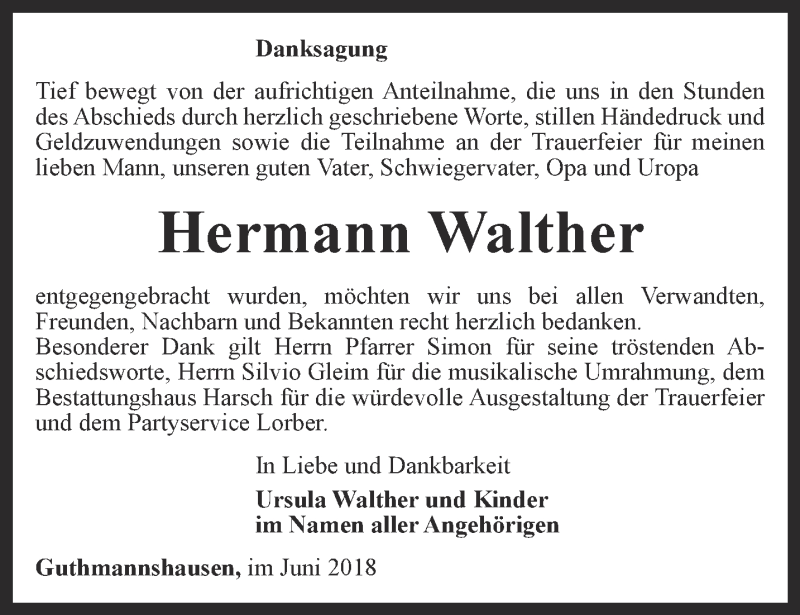  Traueranzeige für Hermann Walther vom 07.07.2018 aus Thüringer Allgemeine, Thüringische Landeszeitung, Ostthüringer Zeitung