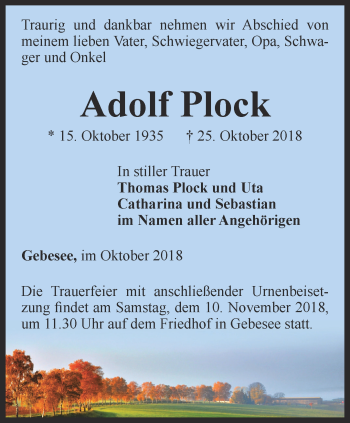 Traueranzeige von Adolf Plock von Thüringer Allgemeine, Thüringische Landeszeitung
