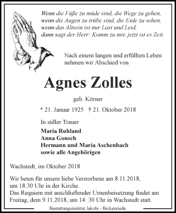 Traueranzeige von Agnes Zolles von Thüringer Allgemeine