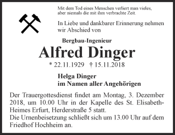 Traueranzeige von Alfred Dinger von Thüringer Allgemeine, Thüringische Landeszeitung
