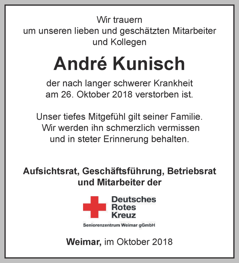  Traueranzeige für Andrè Kunisch vom 10.11.2018 aus Thüringer Allgemeine, Thüringische Landeszeitung