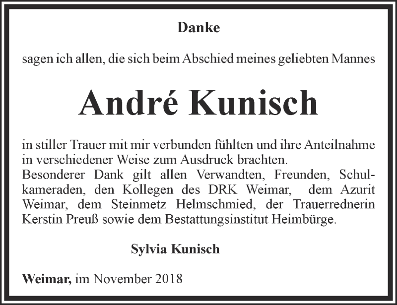  Traueranzeige für Andrè Kunisch vom 17.11.2018 aus Thüringer Allgemeine, Thüringische Landeszeitung