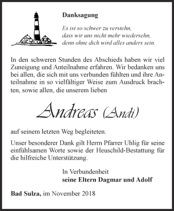 Traueranzeige von Andreas Stelzig von Thüringer Allgemeine, Thüringische Landeszeitung