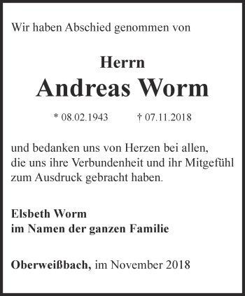 Traueranzeige von Andreas Worm von Ostthüringer Zeitung