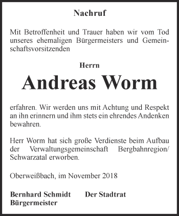 Traueranzeige von Andreas Worm von Ostthüringer Zeitung