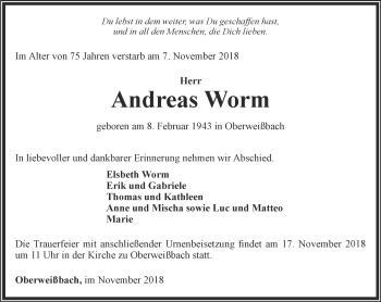 Traueranzeige von Andreas Worm von Ostthüringer Zeitung