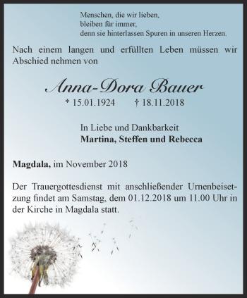 Traueranzeige von Anna-Dora Bauer von Thüringer Allgemeine, Thüringische Landeszeitung