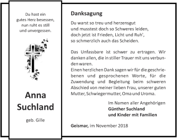 Traueranzeige von Anna Suchland von Thüringer Allgemeine