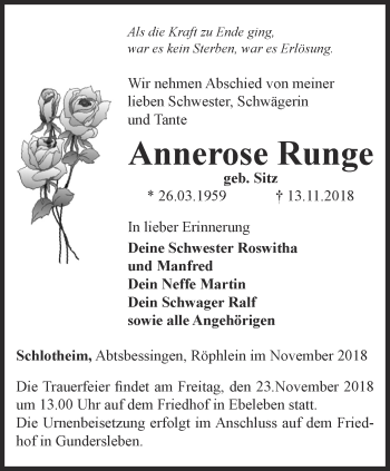 Traueranzeige von Annerose Runge von Thüringer Allgemeine