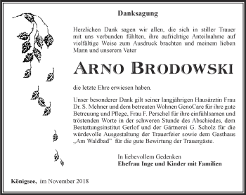 Traueranzeige von Arno Brodowski von Ostthüringer Zeitung