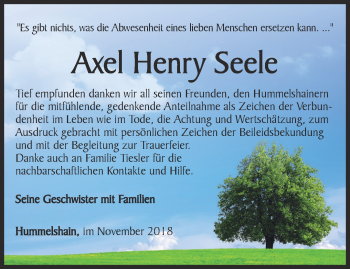 Traueranzeige von Axel Henry Seele von Ostthüringer Zeitung, Thüringische Landeszeitung