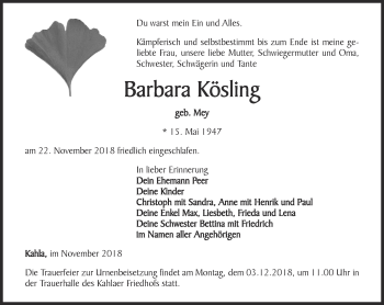 Traueranzeige von Barbara Kösling von Ostthüringer Zeitung, Thüringische Landeszeitung