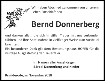 Traueranzeige von Bernd Donnerberg von Thüringer Allgemeine