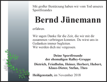 Traueranzeige von Bernd Jünemann von Thüringer Allgemeine