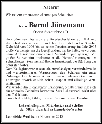 Traueranzeige von Bernd Jünemann von Thüringer Allgemeine