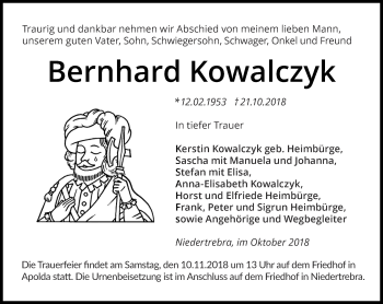 Traueranzeige von Bernhard Kowalczyk von Thüringer Allgemeine, Thüringische Landeszeitung