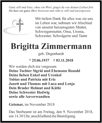 Traueranzeige von Brigitta Zimmermann von Thüringer Allgemeine