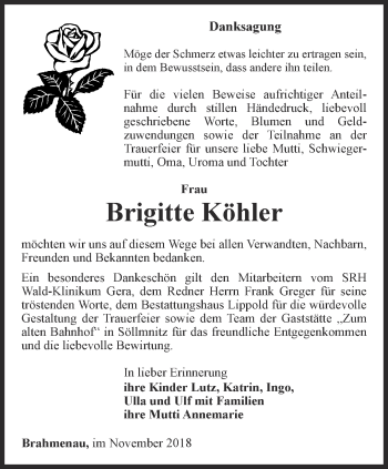 Traueranzeige von Brigitte Köhler von Ostthüringer Zeitung