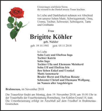 Traueranzeige von Brigitte Köhler von Ostthüringer Zeitung