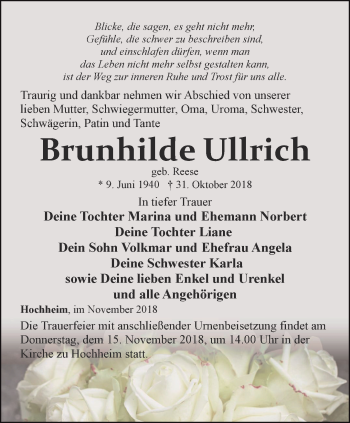 Traueranzeige von Brunhilde Ullrich von Ostthüringer Zeitung, Thüringische Landeszeitung